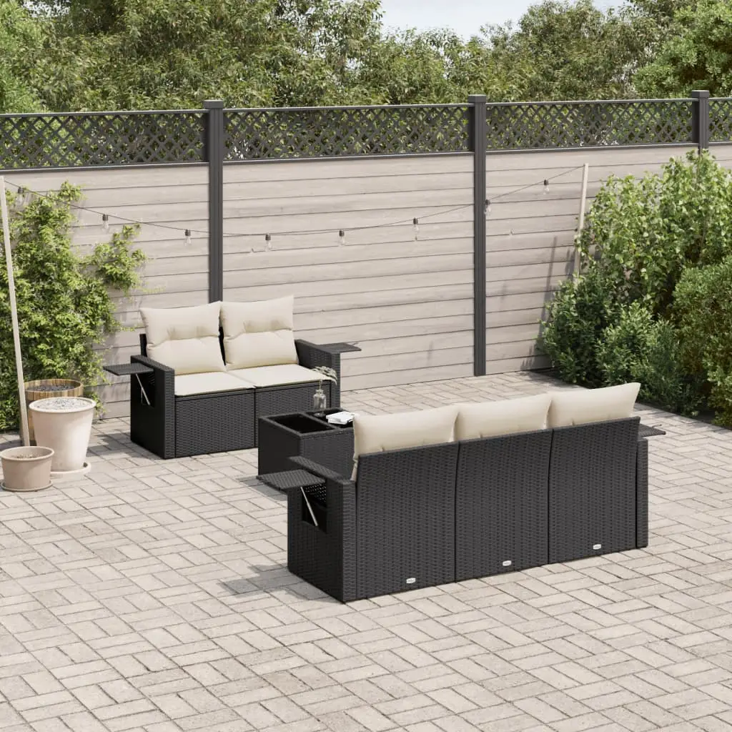 Ensemble canapés de jardin 6 pcs Résine tressée et Acier avec tablettes pliantes pour Extérieur Noir Coussins Crème – ComfortXL Outdoor Living