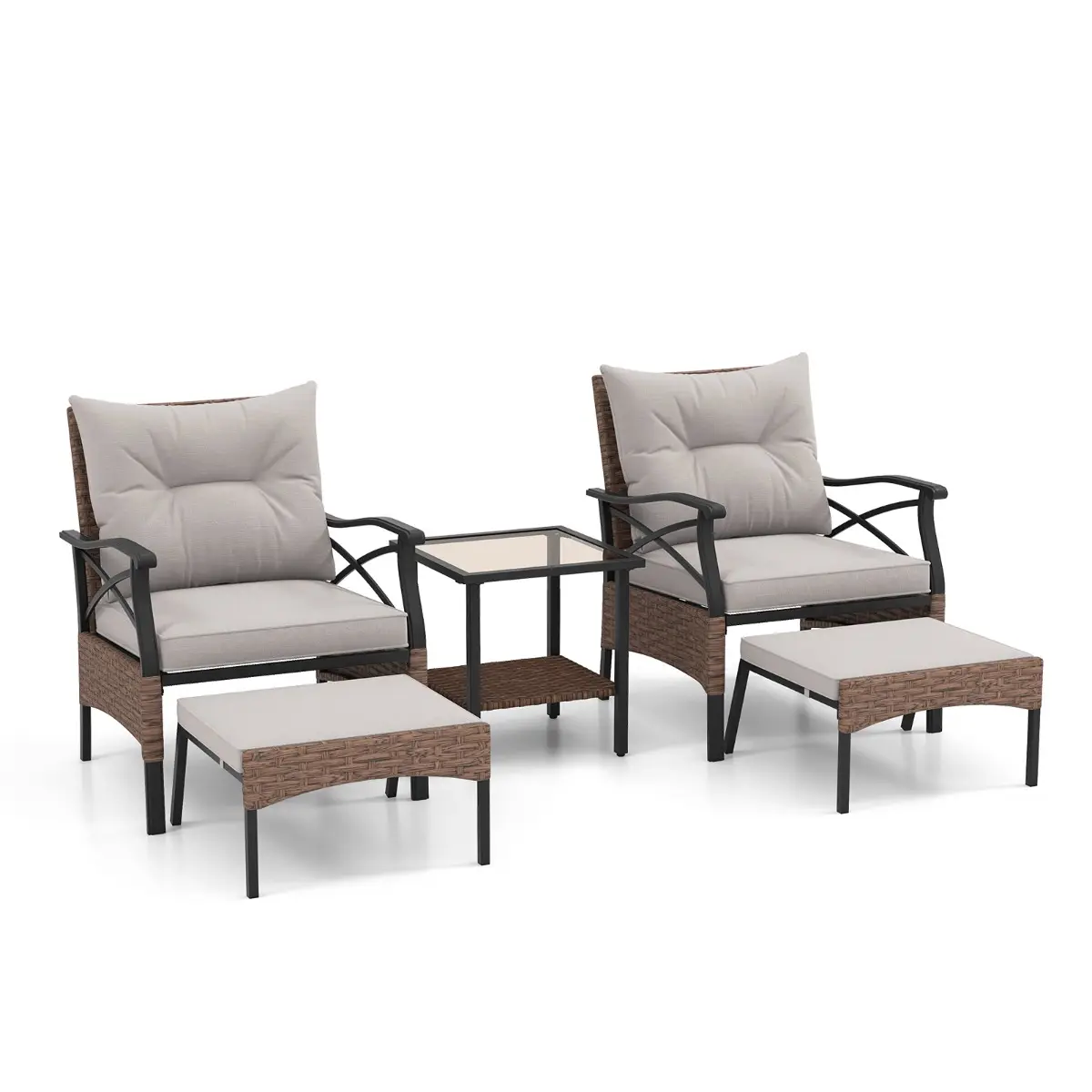 Ensemble de 5pcs Salon de Jardin Meubles de Patio – 2 Chaises 2 Poufs et Table Basse Coussins Doux Rotin