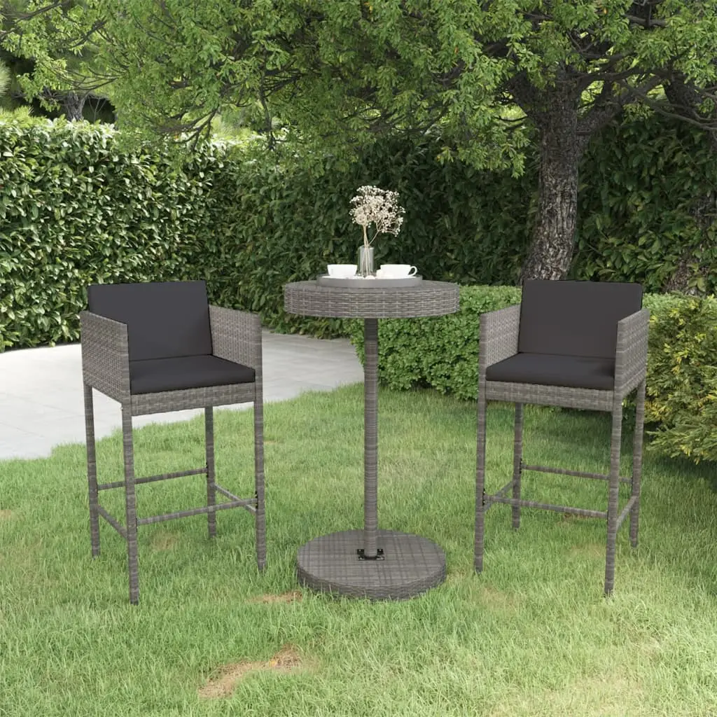 Ensemble de bar de jardin 3 pcs et coussins Résine tressée Gris vidaXL 3094773