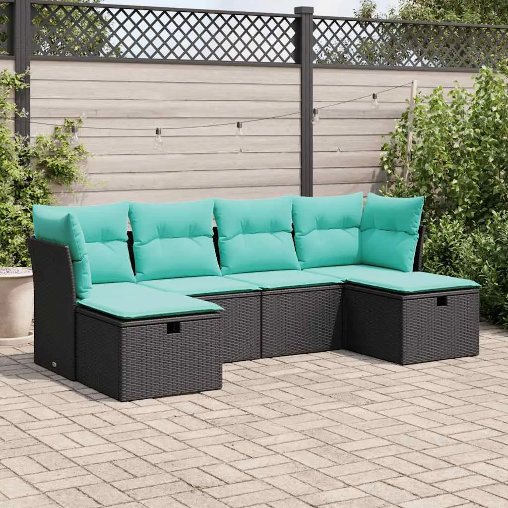 Ensemble Canapé Modulable 6 pcs Résine Tressée Noire 2 Poufs avec Rangement et Coussins Bleus Lavables – ComfortXL Outdoor Living