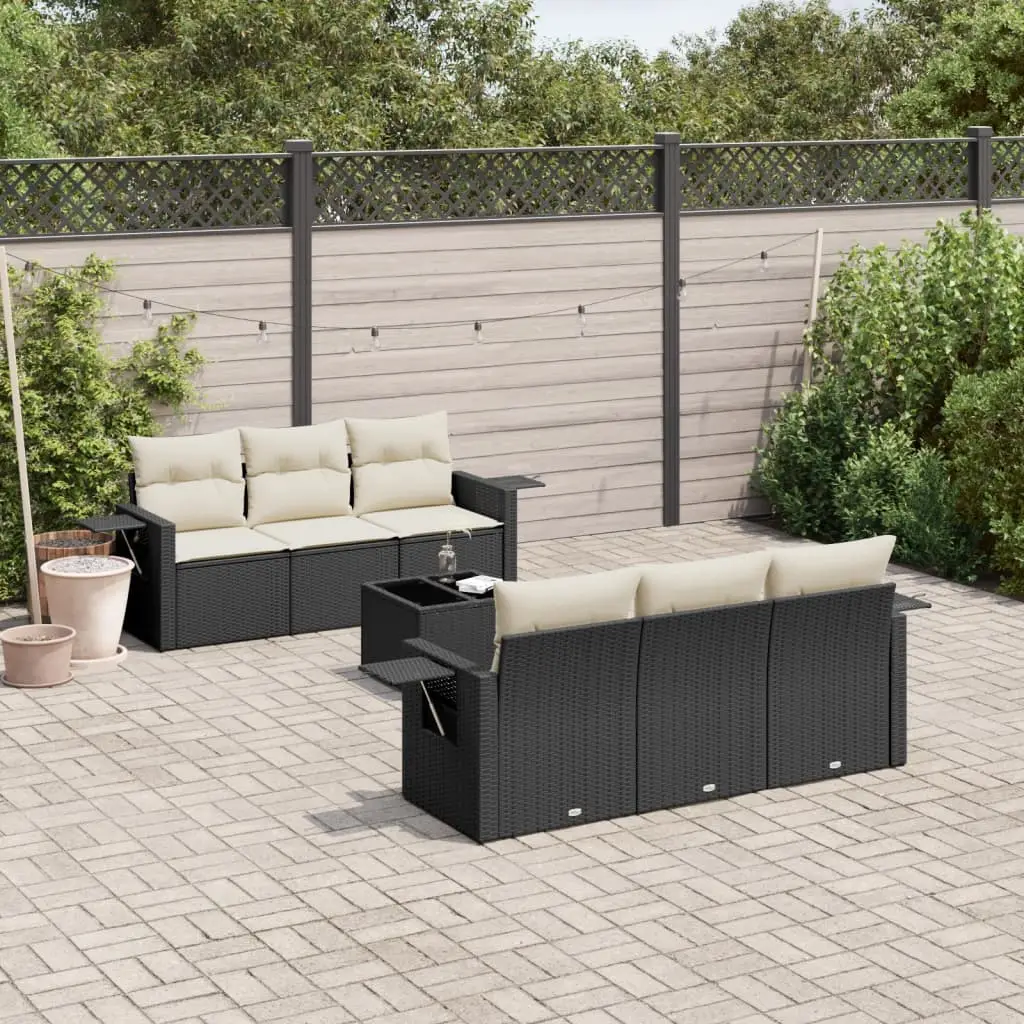 Ensemble canapés de jardin résine tressée 7 pcs avec tablettes et table basse pour patio Noir et Blanc Crème – ComfortXL Outdoor Living
