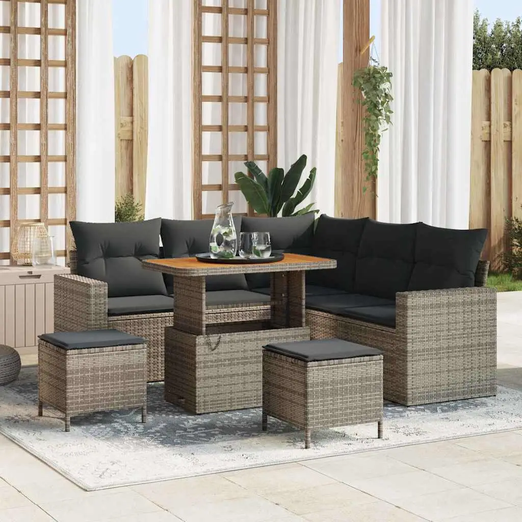 Ensemble de jardin moderne 7 personnes en résine tressée et bois avec poufs pour extérieur Gris – ComfortXL Outdoor Living