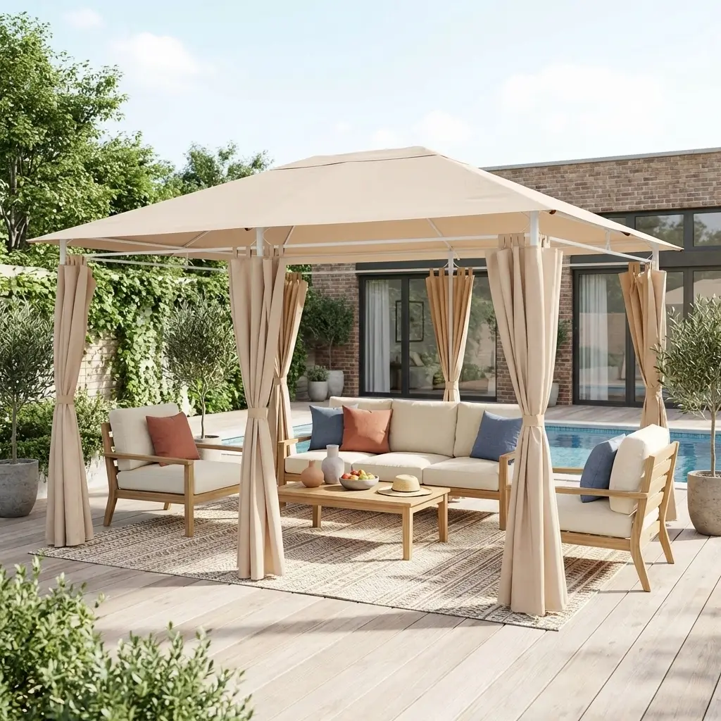 Ensemble complet toile de toit et rideaux beige pour tonnelle 3x4m Divio – toile de rechange pergola. toile de remplacement | sweeek