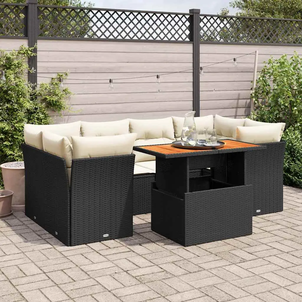 Ensemble de jardin 7 places noir en résine tressée et bois avec table relevable modulable – ComfortXL Outdoor Living