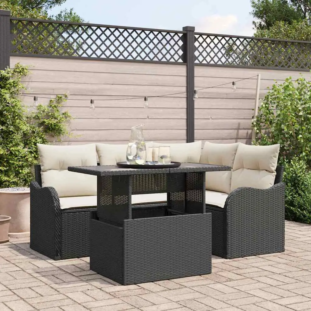 Ensemble de repas extérieur avec coussin 5 pcs Noir Poly rotin vidaXL 3348453 Noir et crème