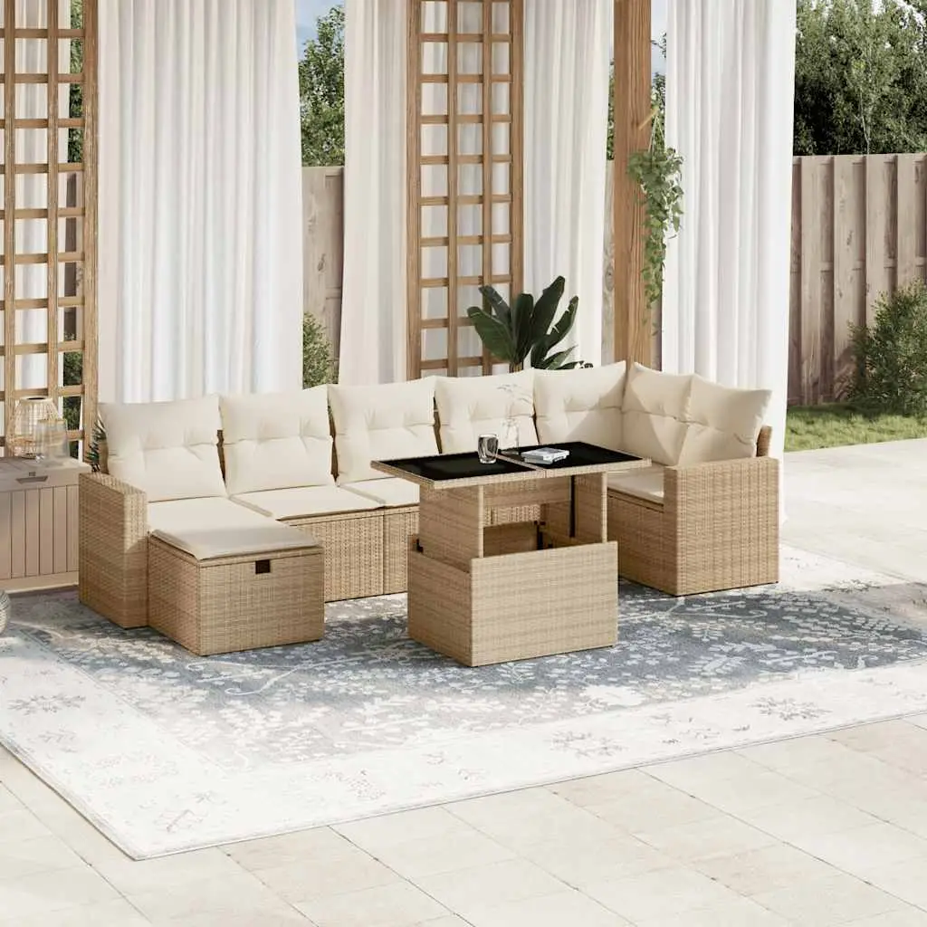 Ensemble de jardin 7 personnes en poly rotin table ajustable et pouf coffre pour terrasse Beige – ComfortXL Outdoor Living