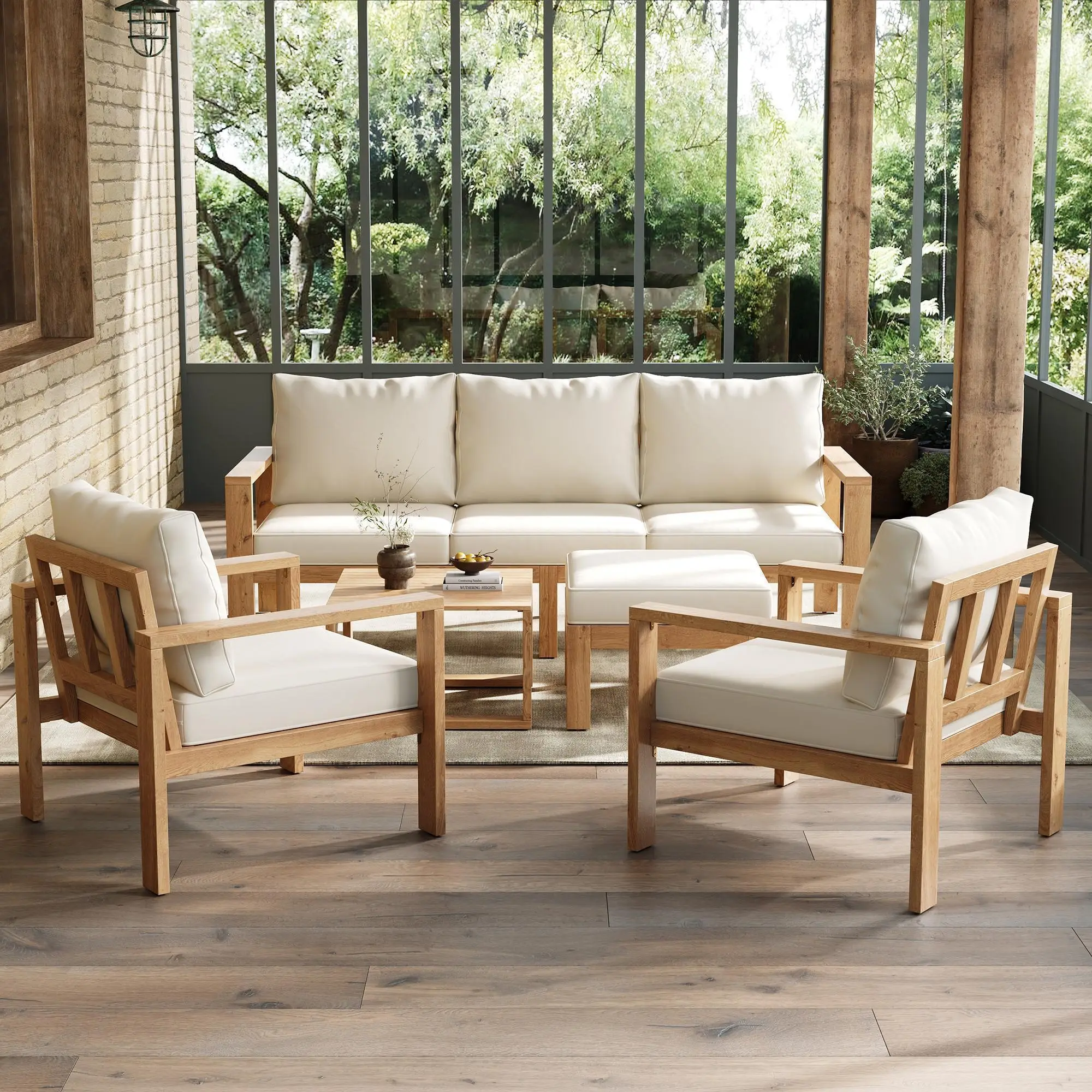 Ensemble de mobilier de jardin, pour 4 à 6 personnes, structure en acacia, couleur bois naturel + crème