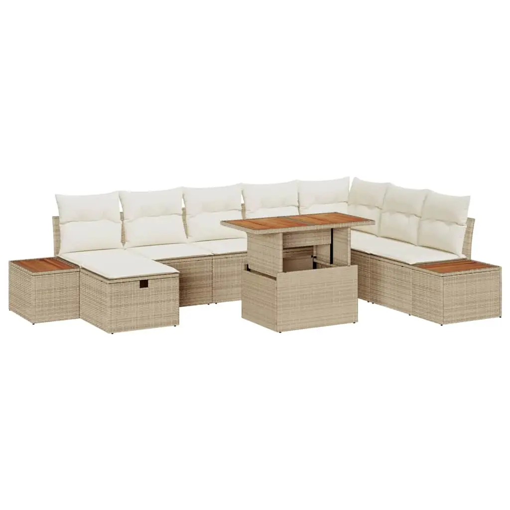 Ensemble de jardin 9 pcs polyrotin beige et bois massif pour 8 convives – ComfortXL Outdoor Living