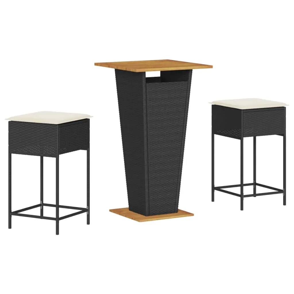 Ensemble de 3 pcs bar de jardin – Mobilier d’extérieur – Mobilier de jardin avec coussins noir poly rotin-JU2190