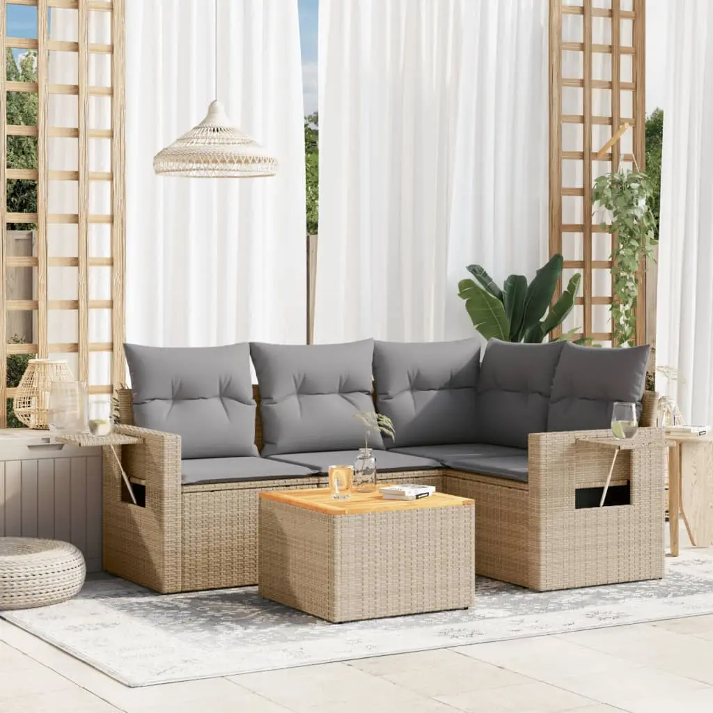 Ensemble de Jardin d’Angle 4 Places Résine Tressée Coussins Gris Clair Table Basse Acacia Beige – ComfortXL Outdoor Living