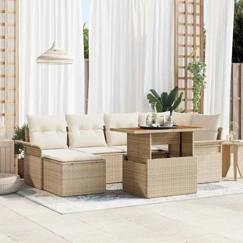 Ensemble de jardin 7 pièces Poly rotin avec rangement et pouf pour extérieur Beige – ComfortXL Outdoor Living