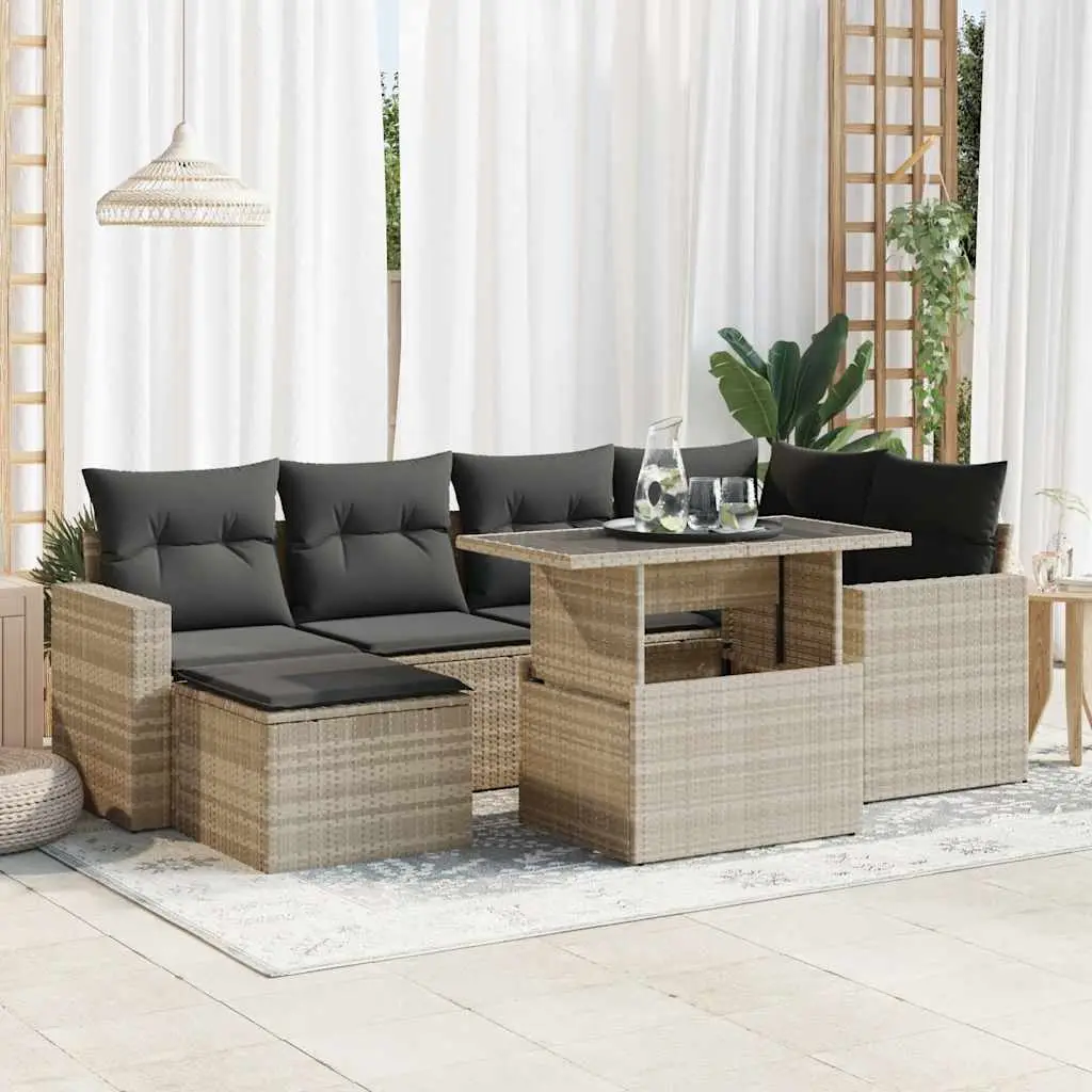 Ensemble de Jardin 7 pcs Résine Tressée Gris Clair avec Pouf et Coffres de Rangement – ComfortXL Outdoor Living