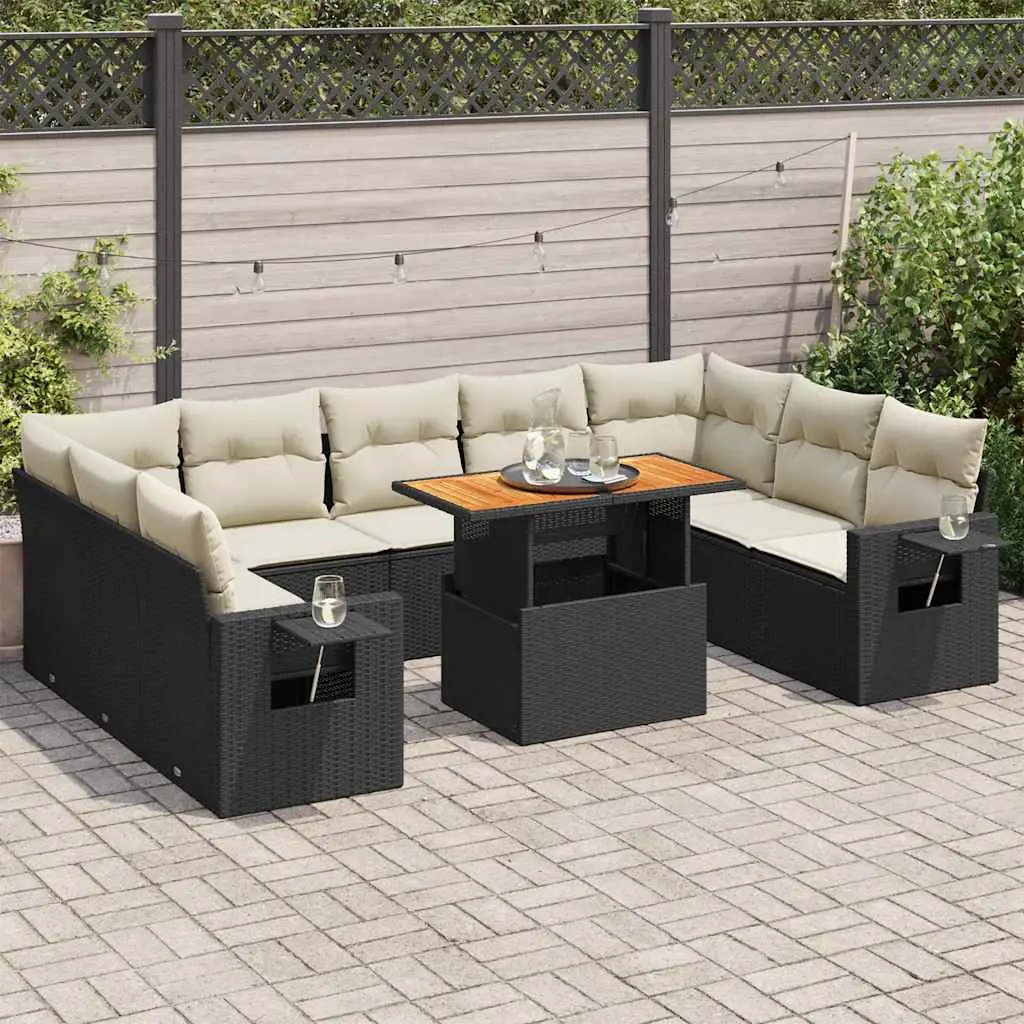 Ensemble de jardin XXL 10 pièces résine tressée avec table ajustable et rangements Noir – ComfortXL Outdoor Living