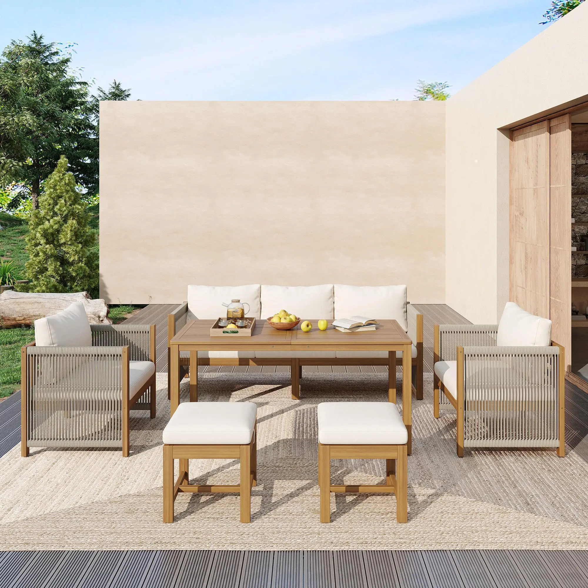 Ensemble de mobilier de jardin, 6 pièces, comprenant un canapé, un pouf et une table à manger, plateau en bois de tamarind, beige