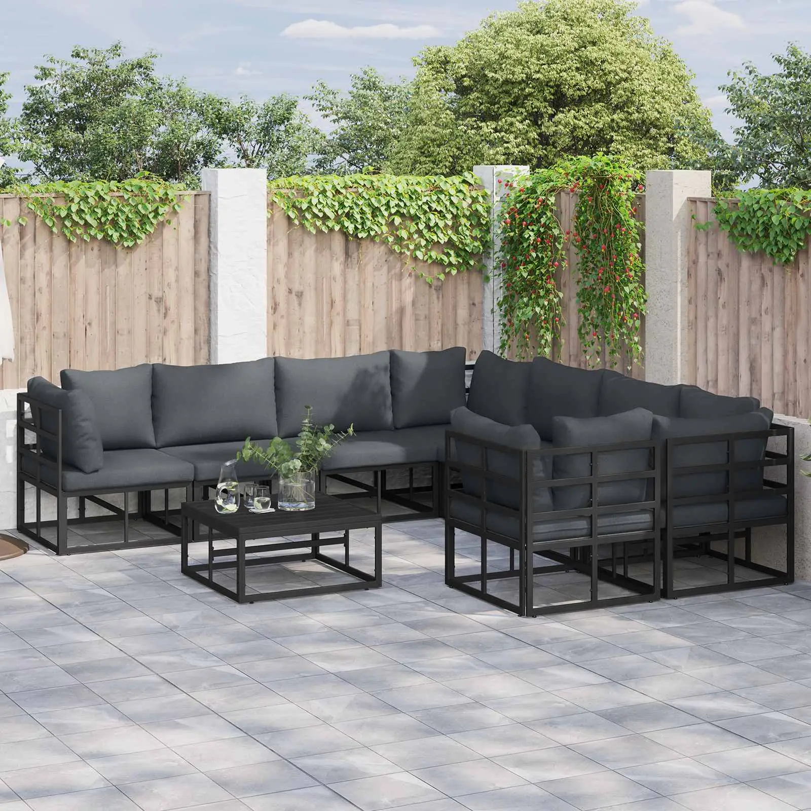 Ensemble de canapé de jardin avec coussin 9 pcs Noir Acier vidaXL 3378949
