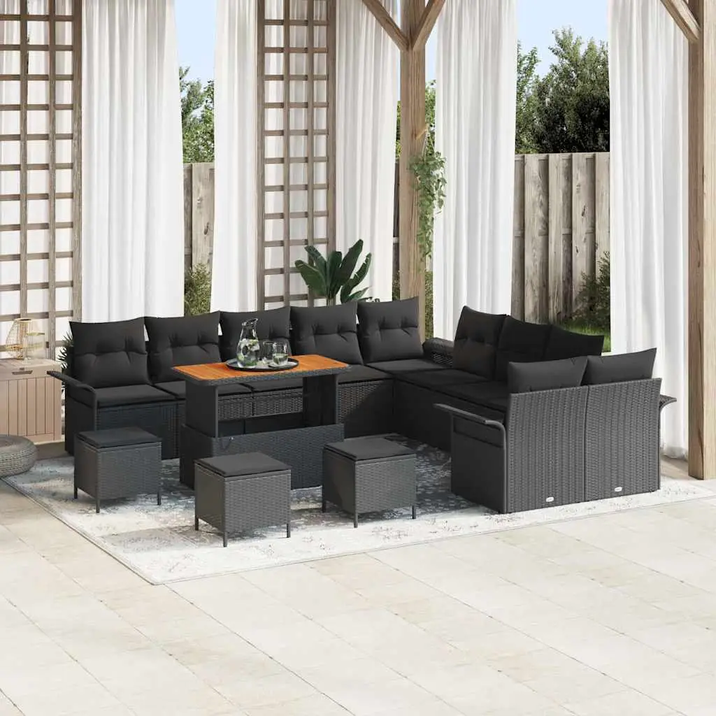 Ensemble Canapé Jardin 13 Places – Polyrotin Noir et Finitions Acacia – Salon Extérieur Modulable et Robuste – ComfortXL Outdoor Living