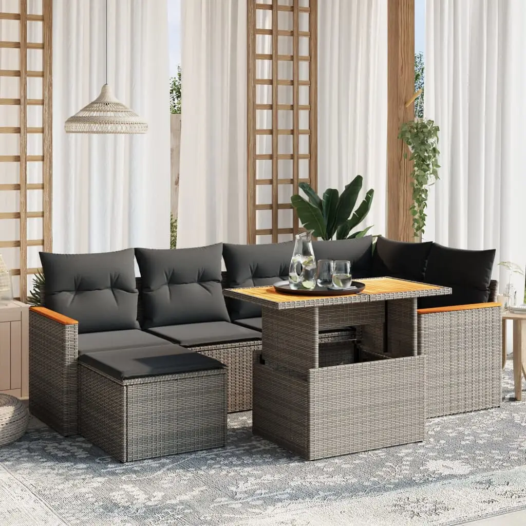 Ensemble de jardin 7 pcs résine tressée modulable table relevable et pouf Gris – ComfortXL Outdoor Living