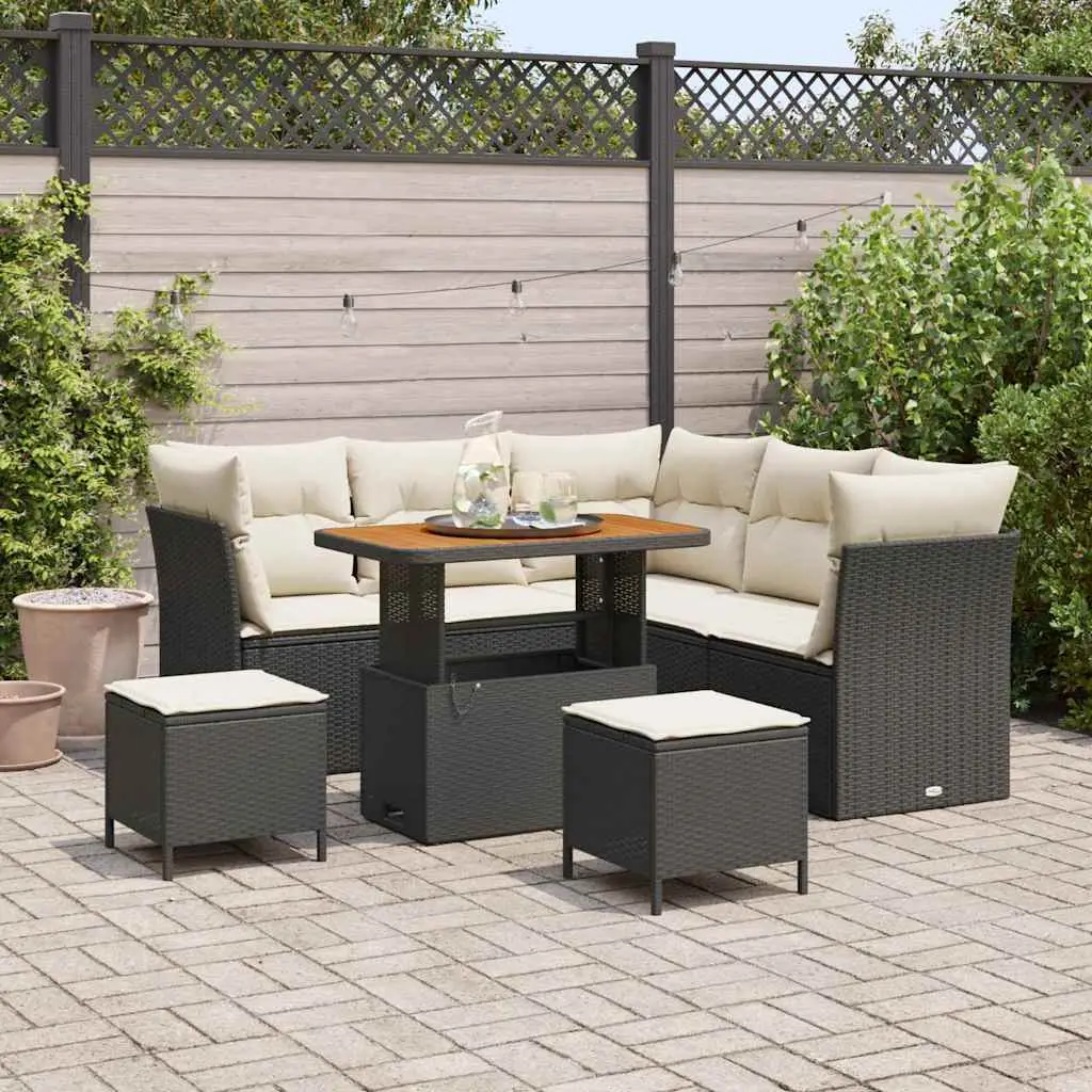 Ensemble de jardin 8 pcs polyrotin noir et bois d’acacia pour 7 convives – ComfortXL Outdoor Living