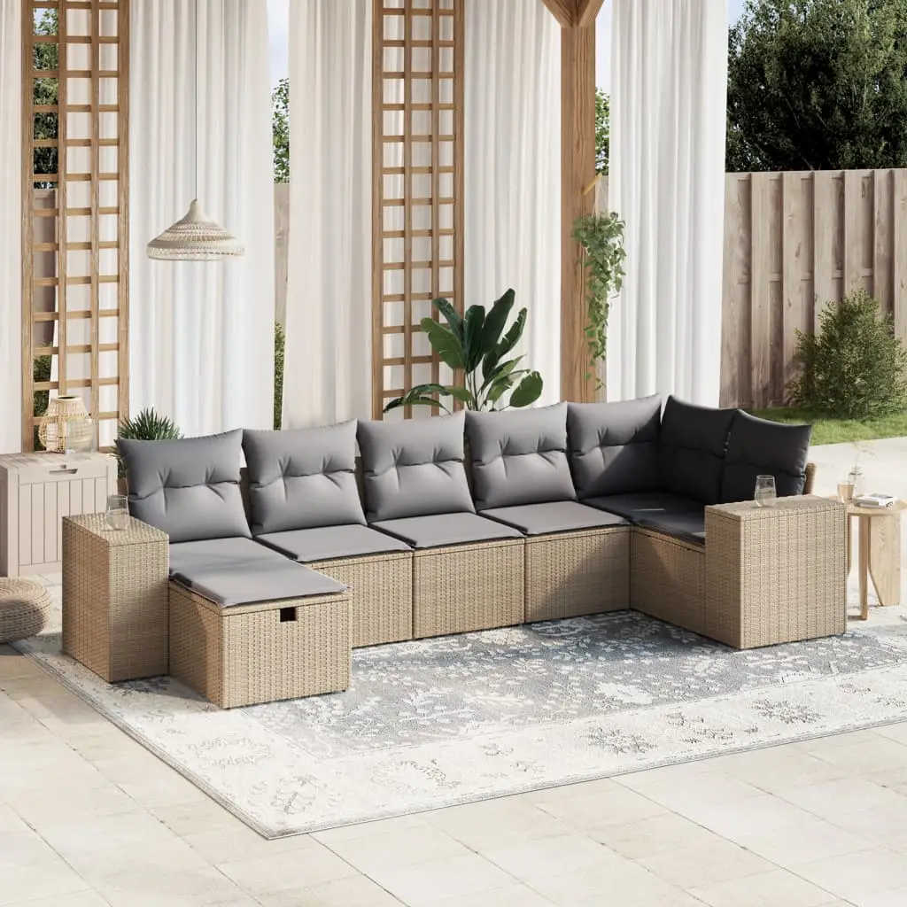 Ensemble canapé extérieur 7 places en poly rotin modulable avec pouf et coussins Bicolore Beige – ComfortXL Outdoor Living