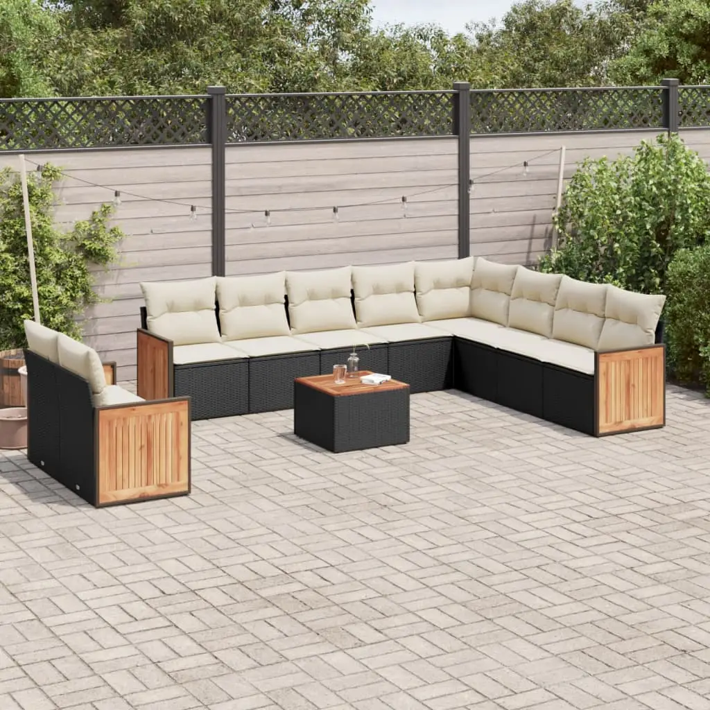 Ensemble Canapés de Jardin 10 Places Résine Tressée Noire Modulable Table Bois pour Extérieur Noir Coussins Crème – ComfortXL Outdoor Living