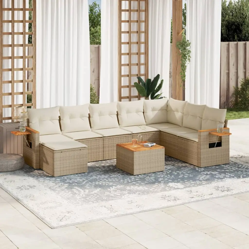 Ensemble de Jardin 9 pcs Résine Tressée avec Pouf Table et Rangement Beige – ComfortXL Outdoor Living