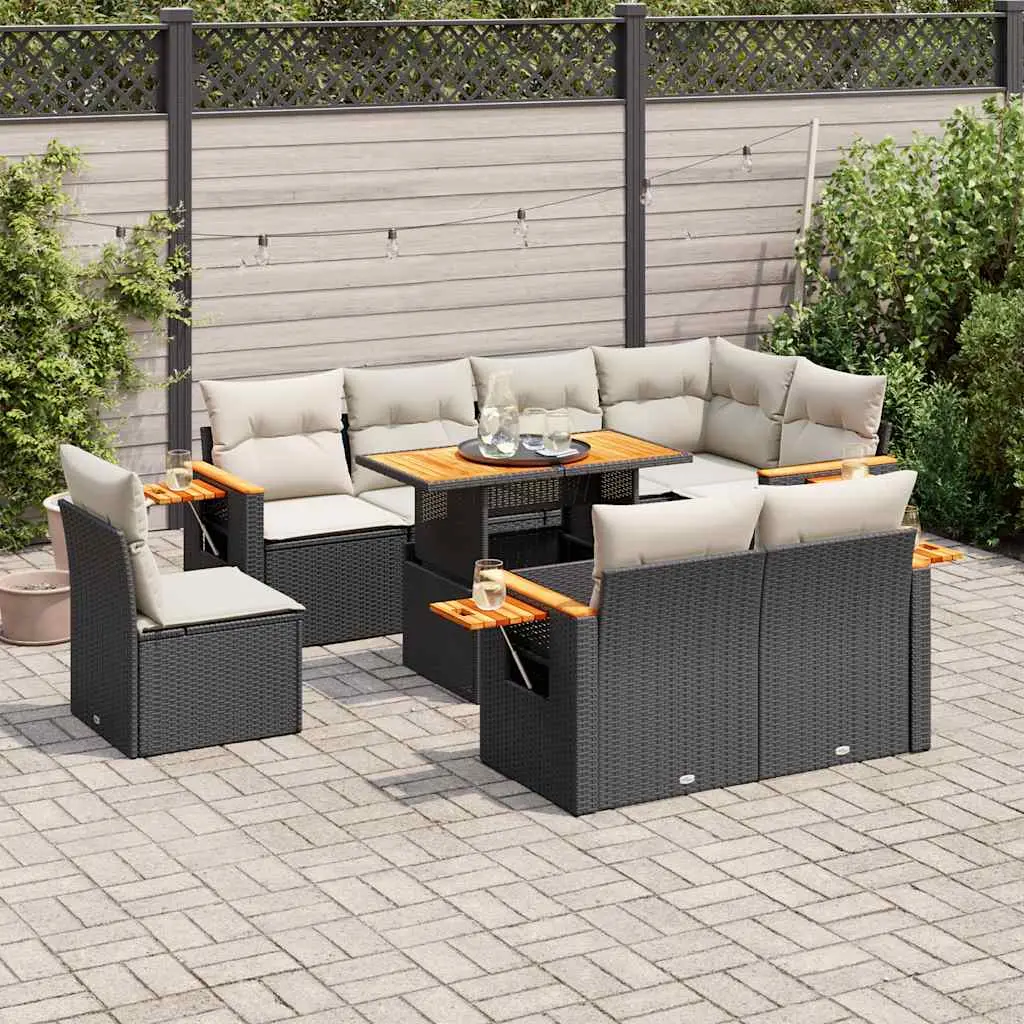 Ensemble de Jardin XXL 9 pcs en Poly Rotin et Acacia Modulable avec Rangement pour Terrasse Noir et Crème – ComfortXL Outdoor Living