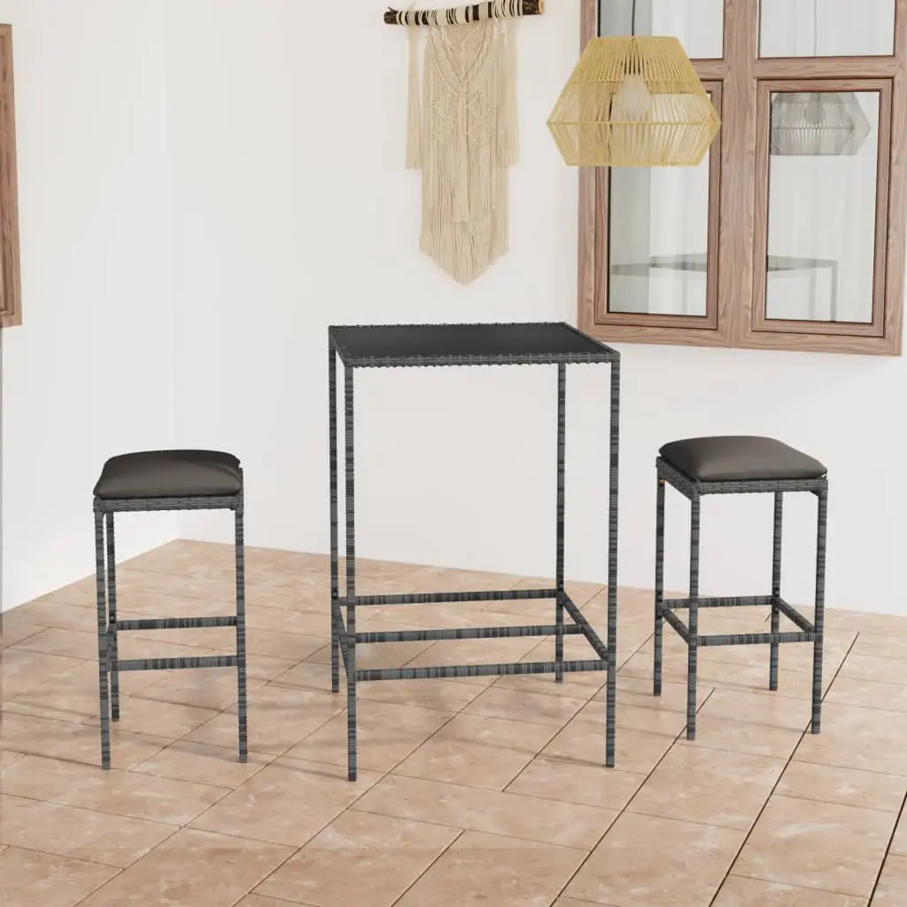 Ensemble de bar de jardin 3 pcs et coussins Résine tressée Gris vidaXL 3064818