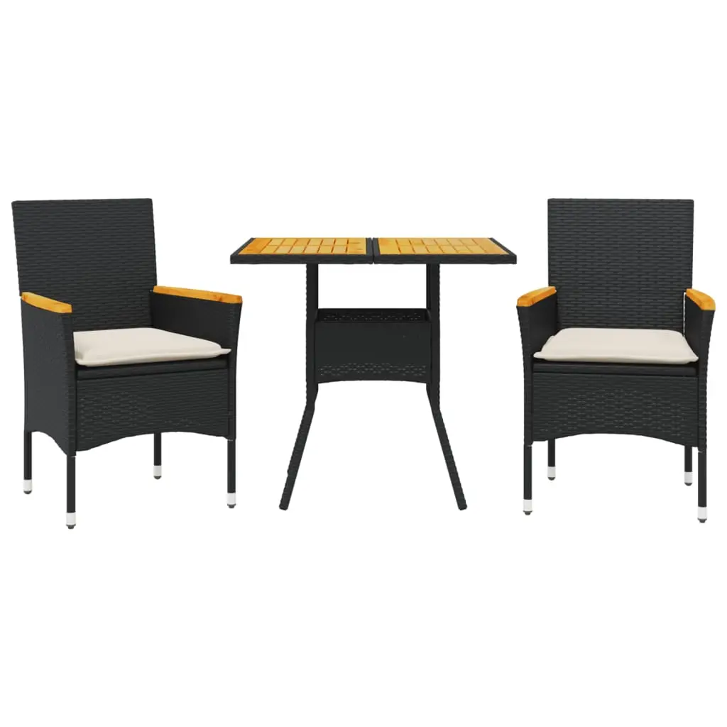 Ensemble de 3 pcs table de jardin et chaises avec coussins – mobilier de jardin noir rotin acacia-JU2602