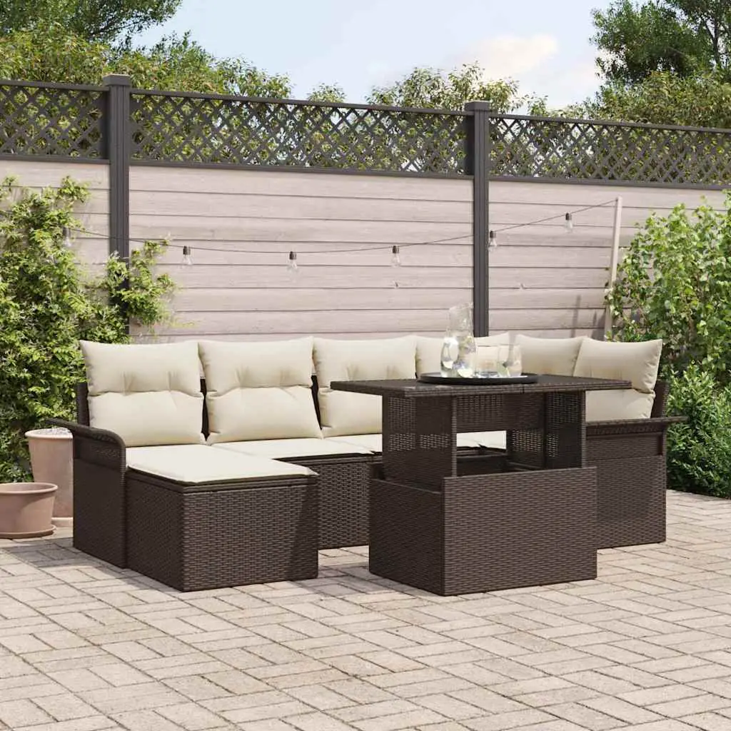 Ensemble de jardin 7 éléments en résine tressée avec pouf modulable Marron – ComfortXL Outdoor Living