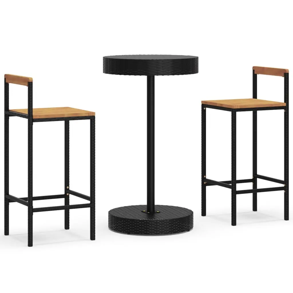 Ensemble de 3 pcs bar de jardin – Mobilier d’extérieur noir poly rotin/bois massif acacia-JU2245