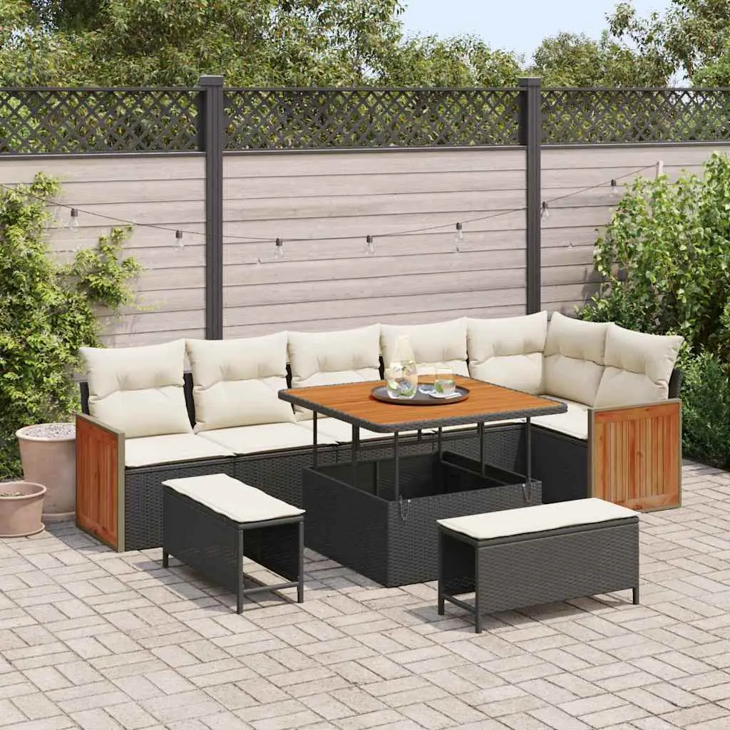 Ensemble Canapé Terrasse 9 Pcs Noir et Crème Résine Tressée Rangement Intégré Table Polyvalente – ComfortXL Outdoor Living