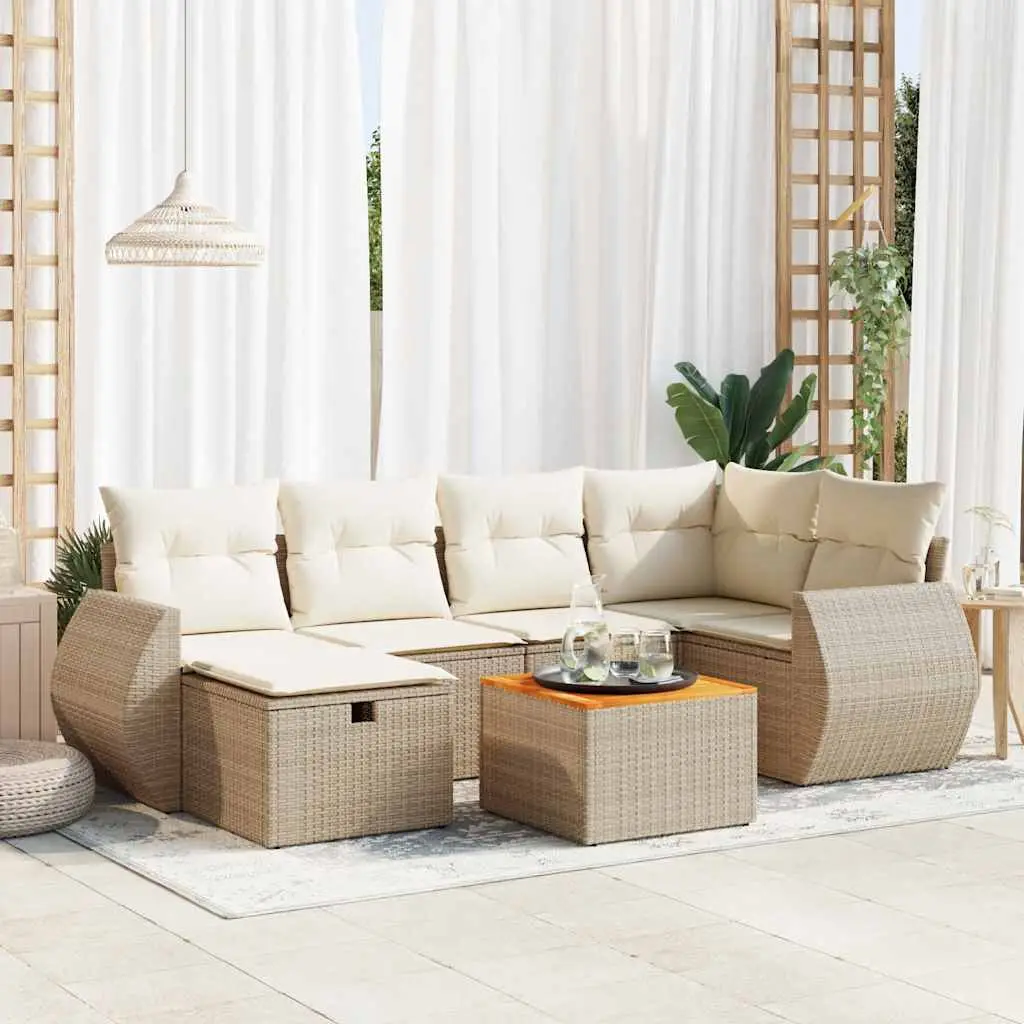 Ensemble de jardin 7 pcs avec table acacia et rangement en résine tressée Beige – ComfortXL Outdoor Living