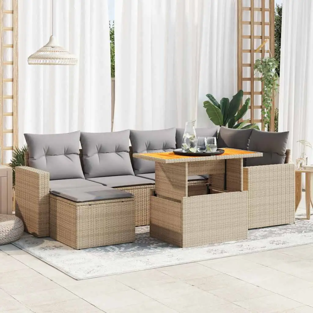 Ensemble de jardin 7 pcs beige en résine tressée avec table ajustable pouf et rangements – ComfortXL Outdoor Living
