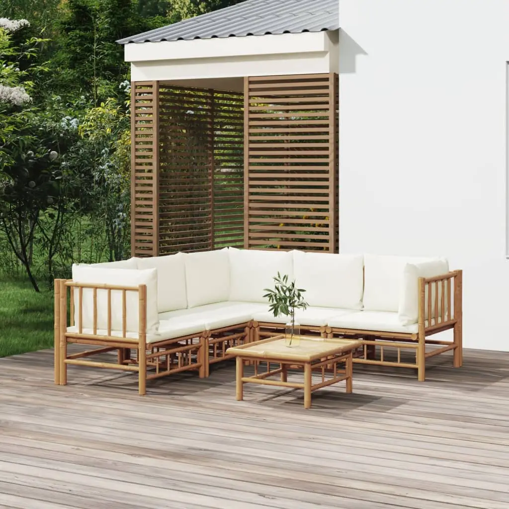 Ensemble de Jardin Convivial 6 Pièces en Bambou, Canapés d’Angle et Coussins Confort Crème – ComfortXL Outdoor Living