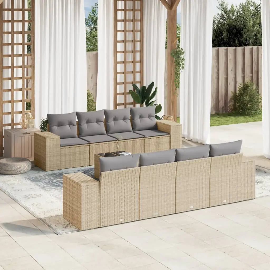 Ensemble Canapé de Jardin 9 Pièces Poly Rotin Beige 8 Places et Coussins Gris Clair – ComfortXL Outdoor Living