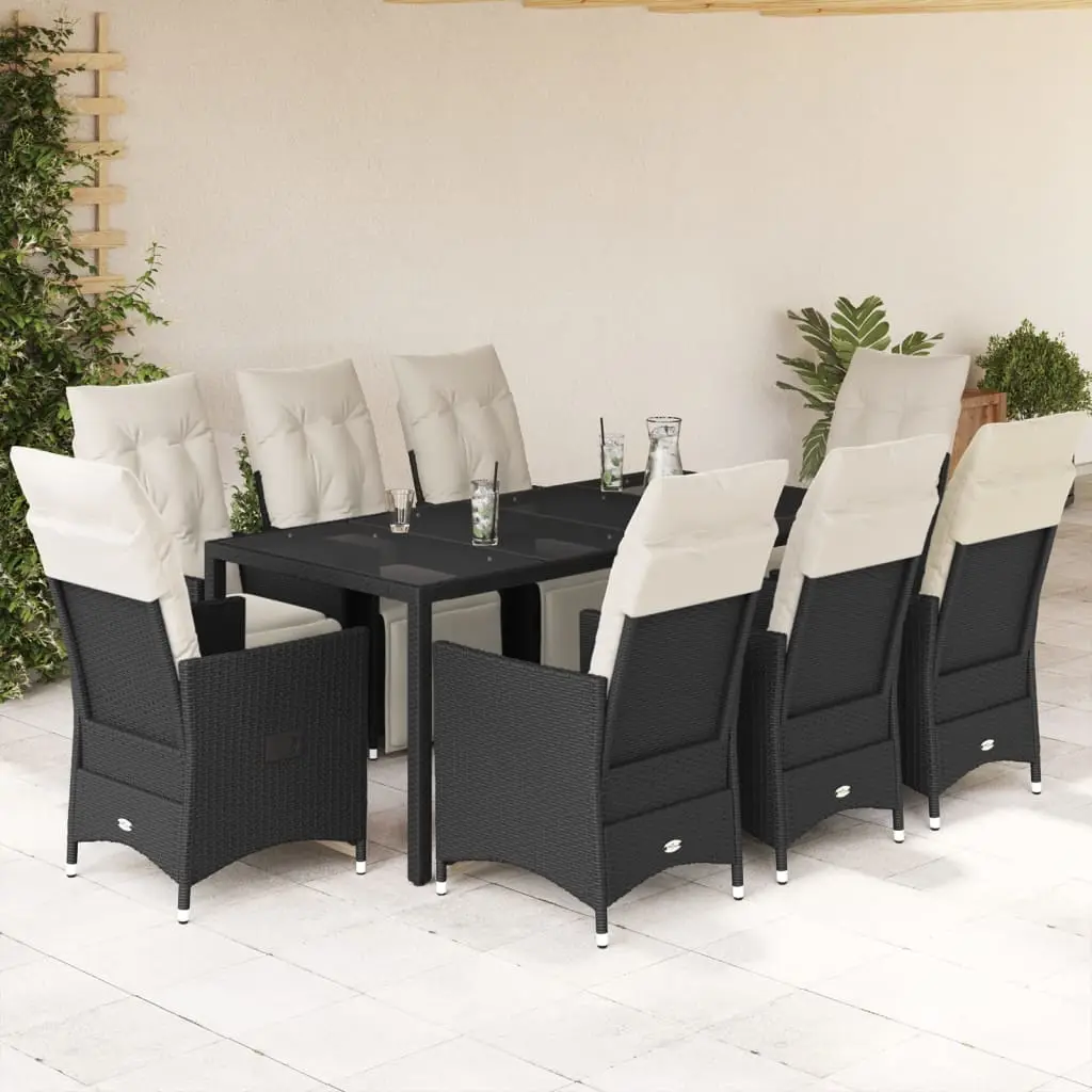Ensemble de Jardin 8 Places Résine Tressée Noire, 8 Fauteuils Relax avec Coussins, Table 190x90cm Plateau Verre – ComfortXL Outdoor Living