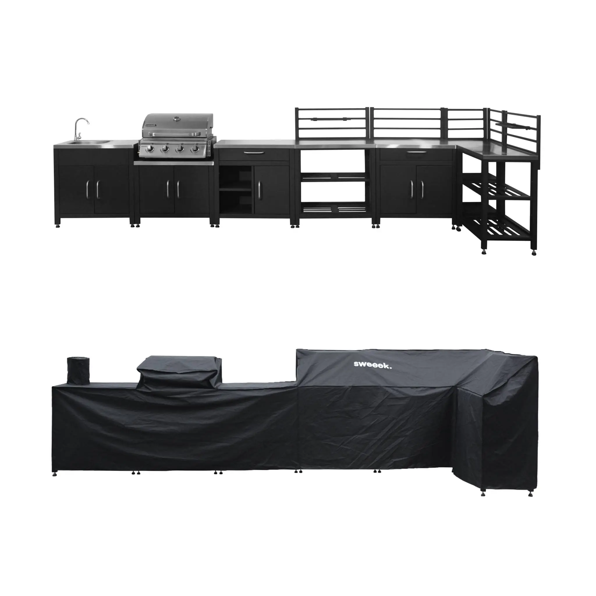 Ensemble de meubles de cuisine extérieure en acier inoxydable 7 modules avec barbecue au gaz 4 brûleurs et housse de protection | sweeek Argenté