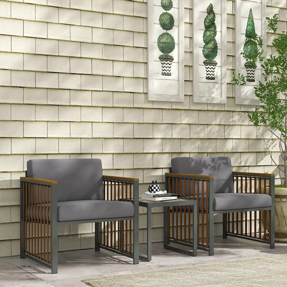 Ensemble de meubles de jardin 3 pièces avec 2 fauteuils + 1 table basse carrée coussins inclus