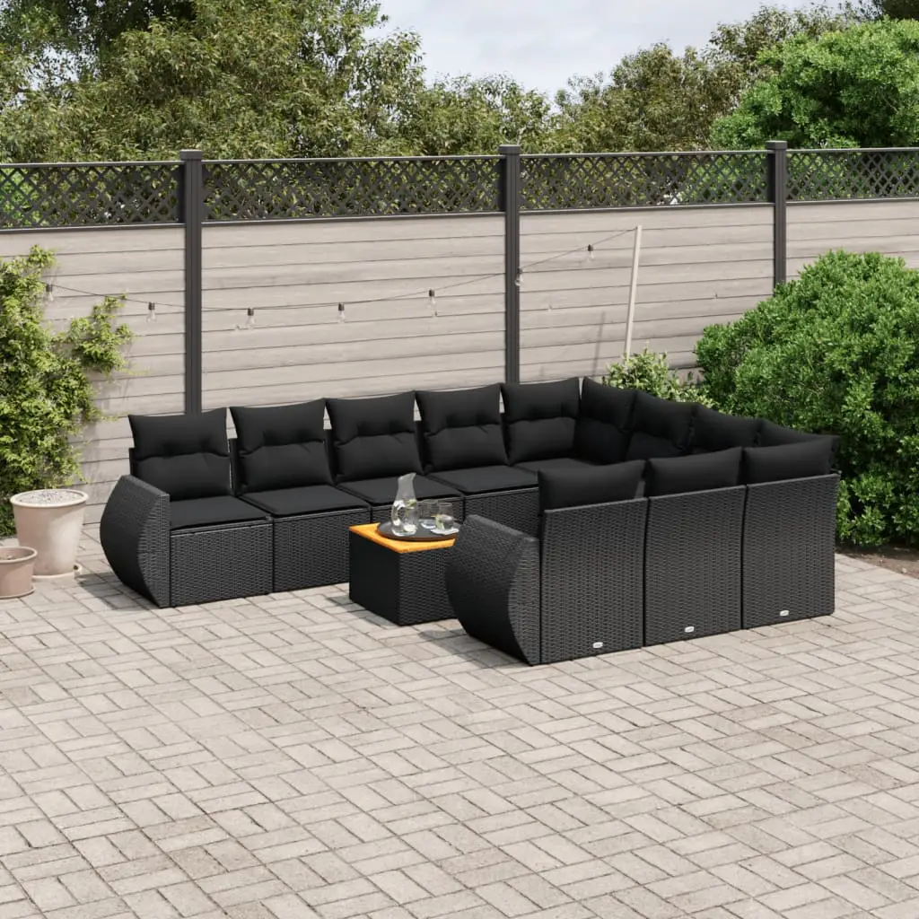 Ensemble Canapé Modulable 11 pcs Poly Rotin Noir et Bois pour Jardin et Balcon – ComfortXL Outdoor Living
