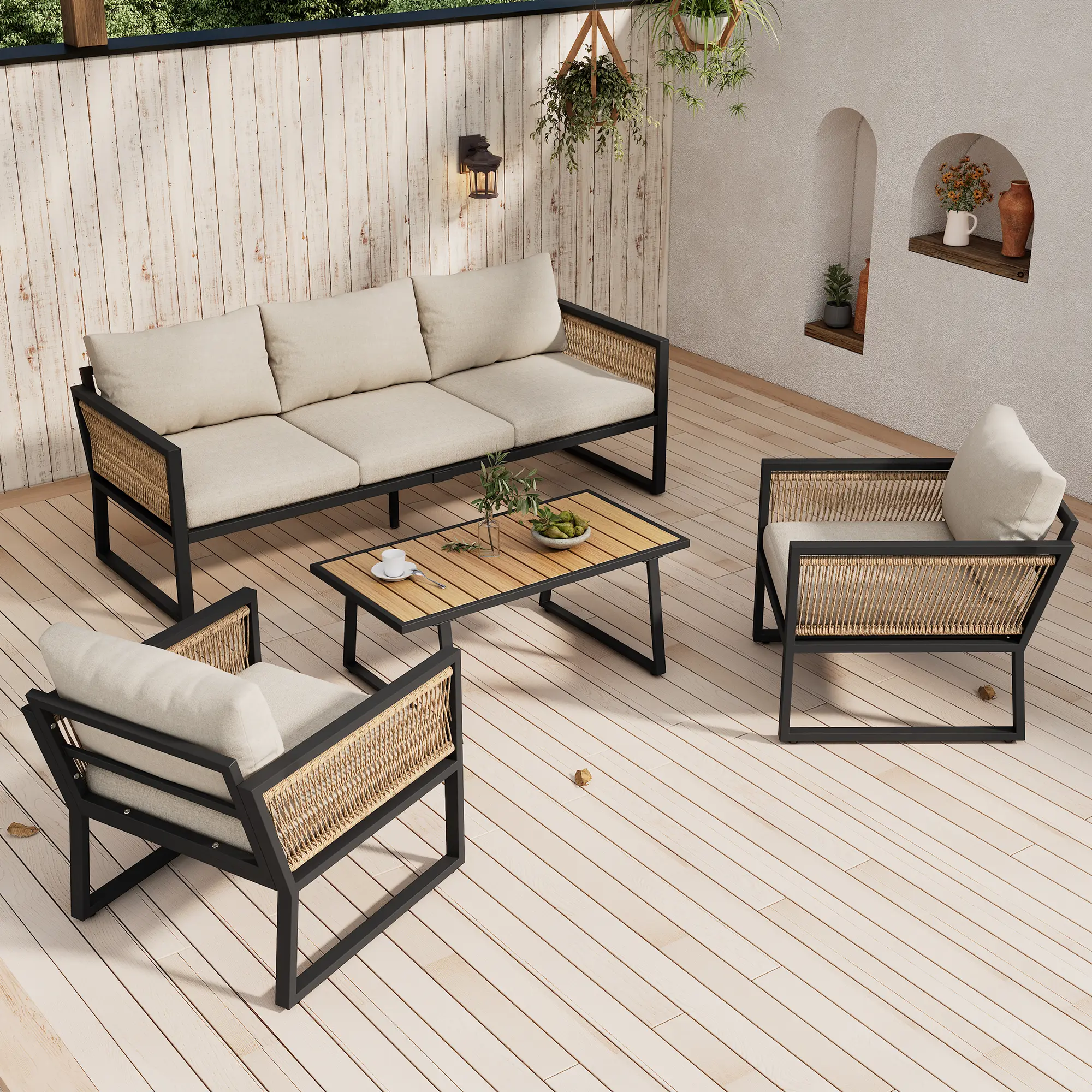 Ensemble de meubles de jardin 4 pièces, canapé 3 places, 2 fauteuils et table basse, beige