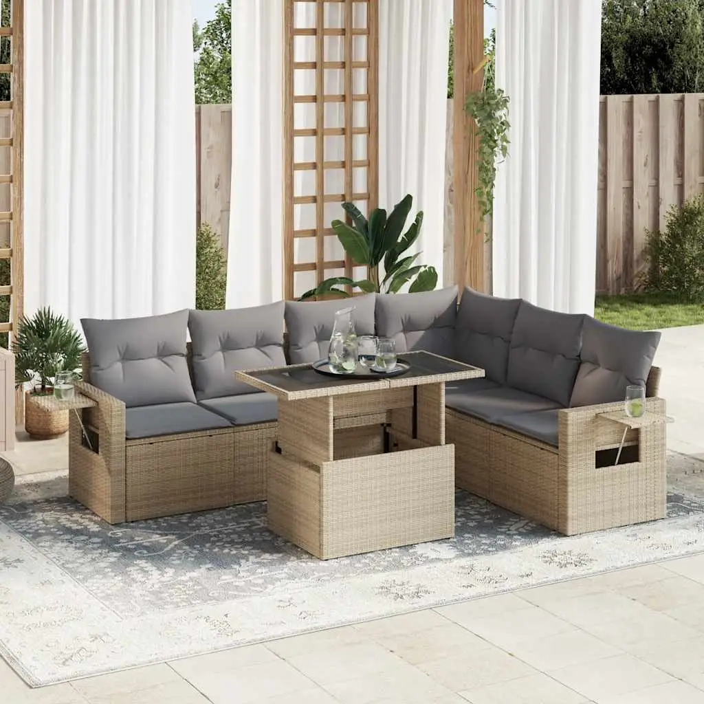 Ensemble de jardin 7 pièces résine tressée avec table relevable et coffres de rangement Beige – ComfortXL Outdoor Living