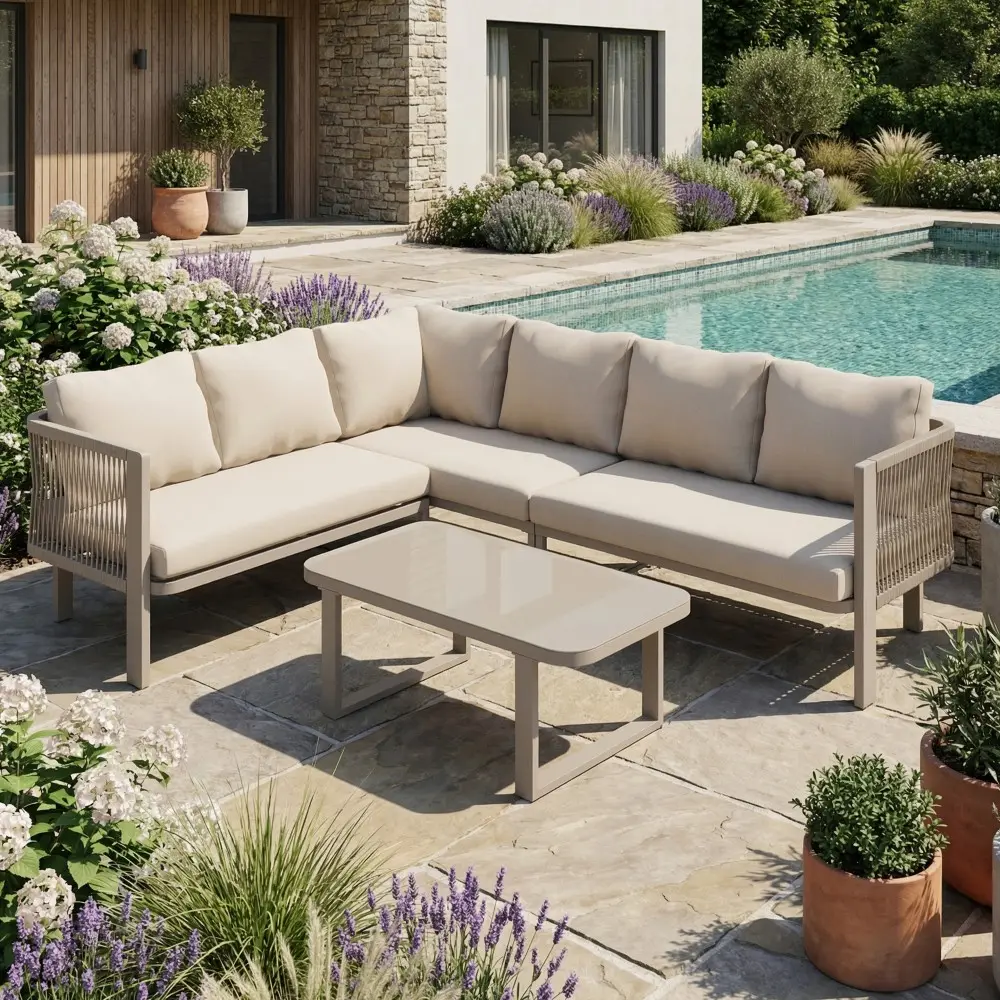 Ensemble de mobilier de jardin, 6 places, tubes en acier galvanisé, plateau en verre, cordage tressé, couleur kaki