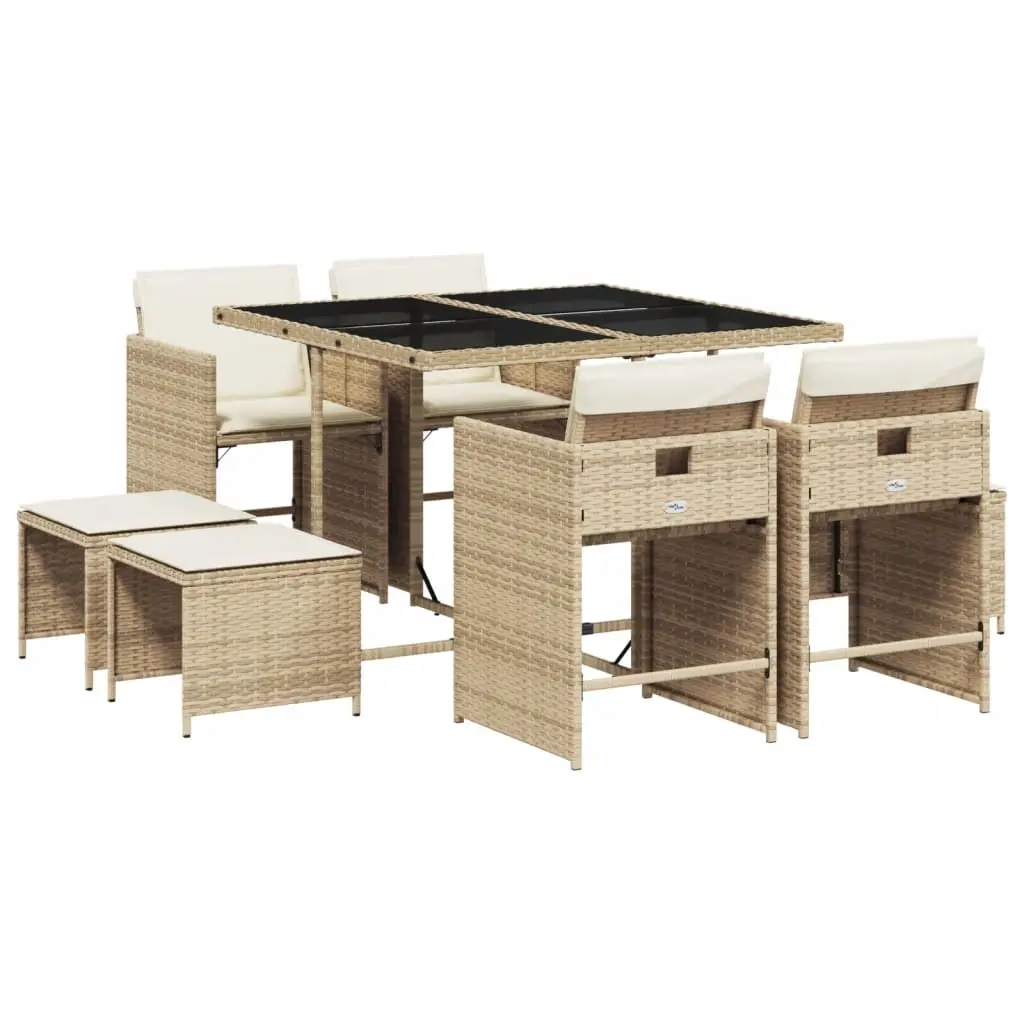 Ensemble de 9 pcs table de jardin et chaises avec coussins – mobilier de jardin beige Poly rotin-JU2740