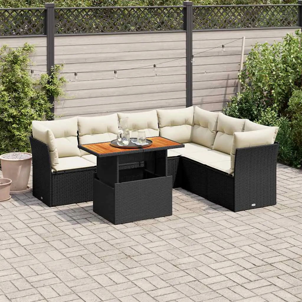 Ensemble de jardin 7 places résine tressée et bois avec table relevable et rangements Noir – ComfortXL Outdoor Living