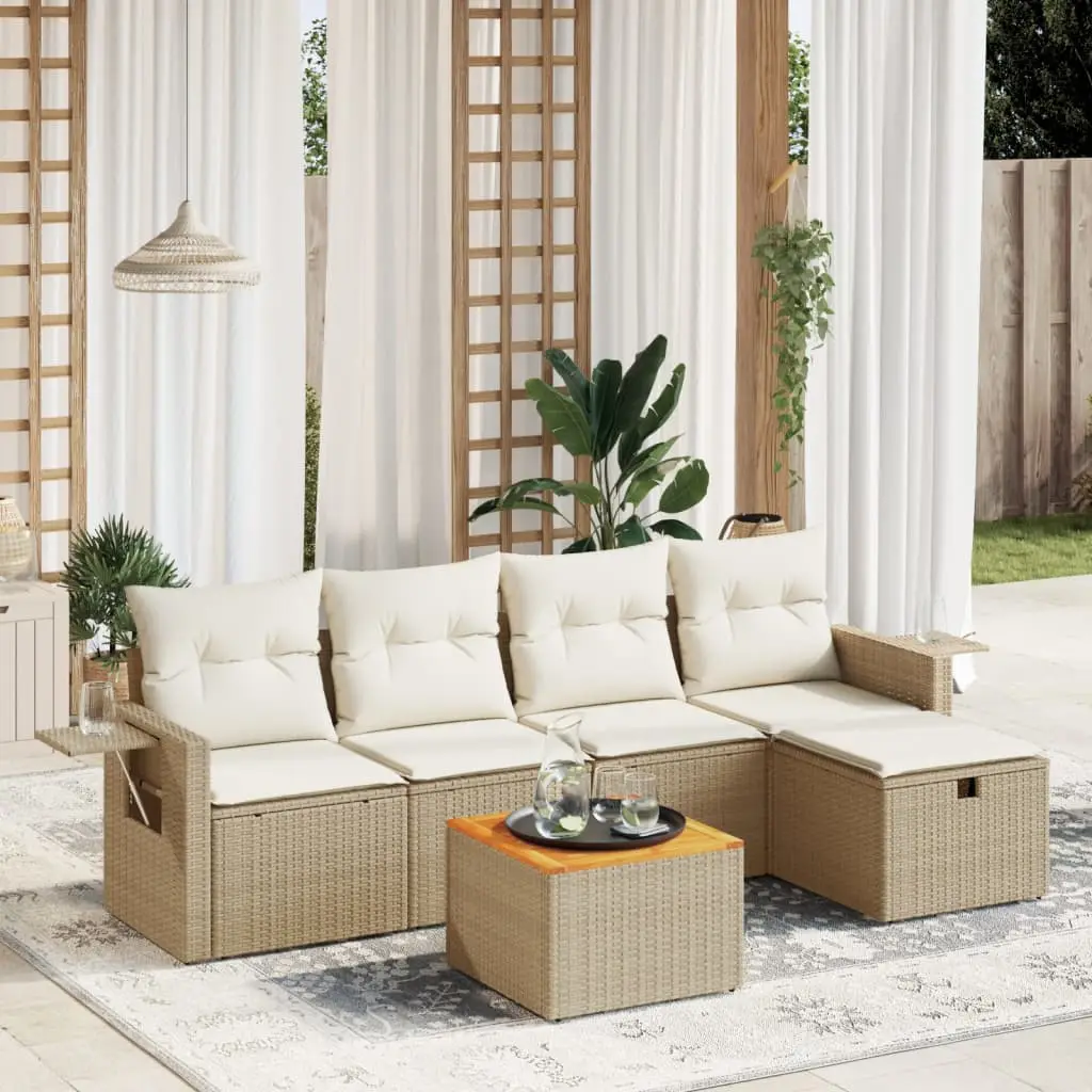 Ensemble d’Extérieur 6 pcs en Résine Tressée Modulable avec Table Acacia Beige – ComfortXL Outdoor Living