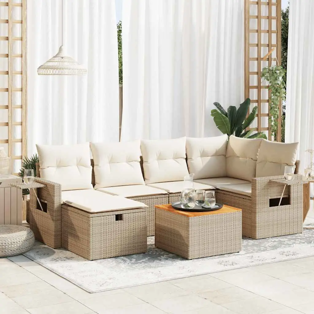 Ensemble de jardin 7 pcs avec table en bois et rangements en résine tressée Beige – ComfortXL Outdoor Living