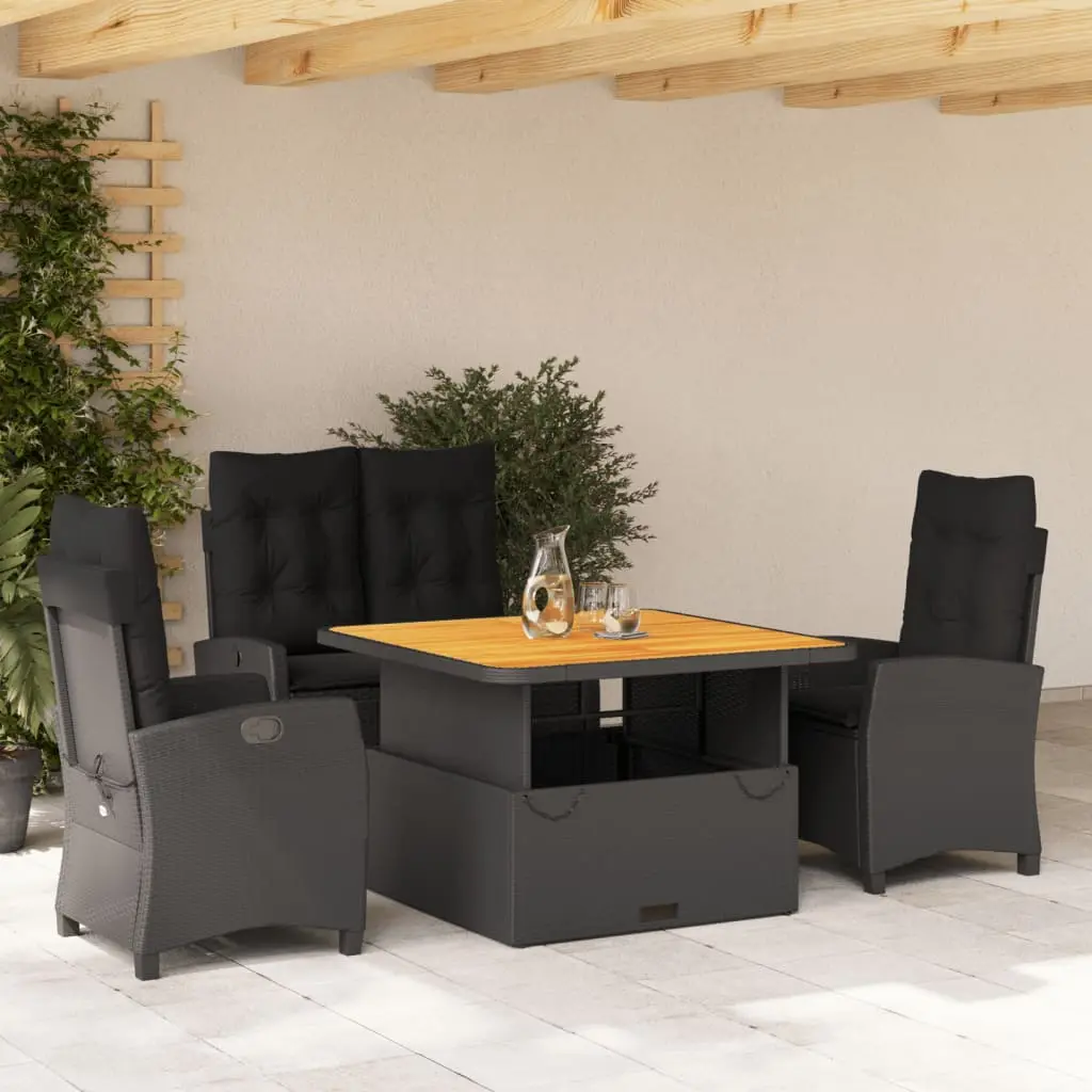 Ensemble Complet Repas et Détente 4 Places, Table Carrée Relevable et Fauteuils Confort Noirs en Résine Tressée – ComfortXL Outdoor Living