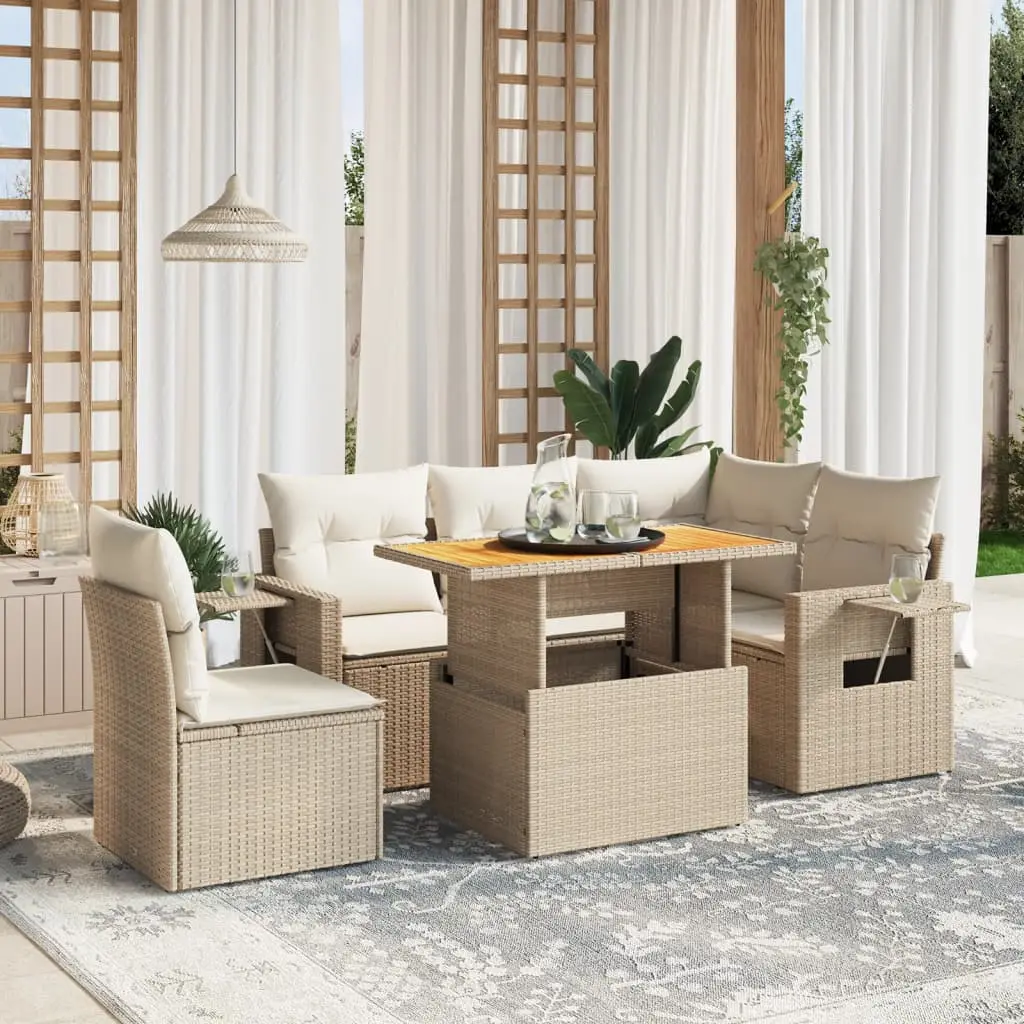 Ensemble d’Extérieur 6 pcs Résine Tressée Beige avec Coussins Blanc Crème – ComfortXL Outdoor Living