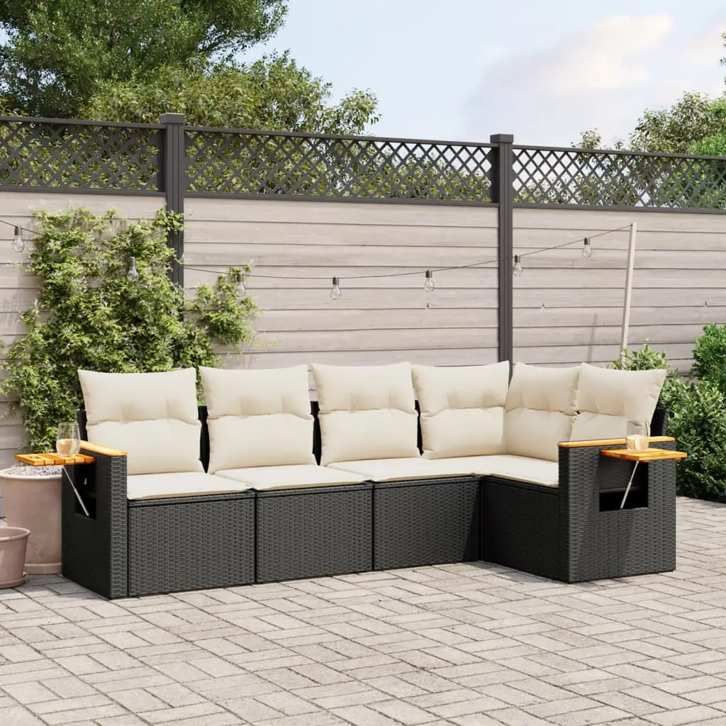 Ensemble canapé de jardin sectionnel 5 places poly rotin avec accoudoirs tablettes Coussins Blanc Crème – ComfortXL Outdoor Living
