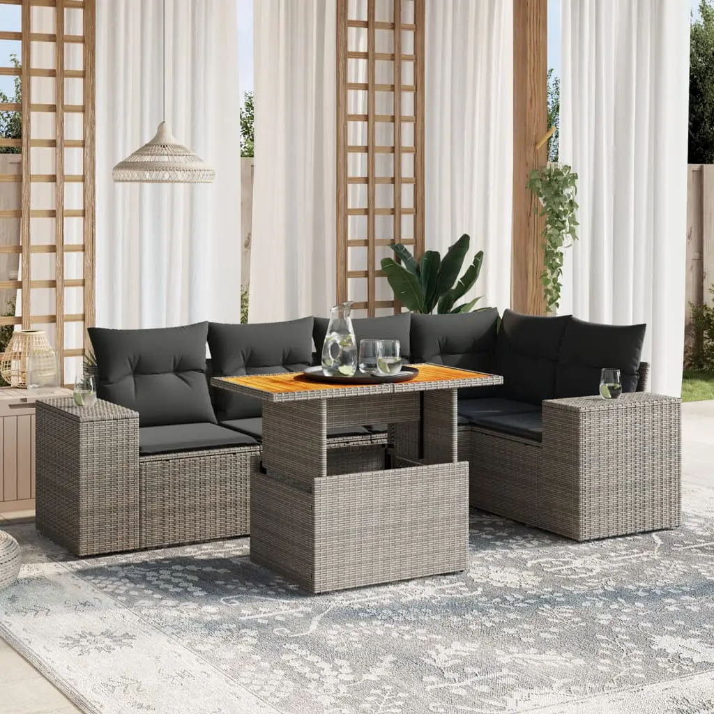 Ensemble de jardin 6 pièces résine tressée Gris avec table convertible et canapé d’angle – ComfortXL Outdoor Living
